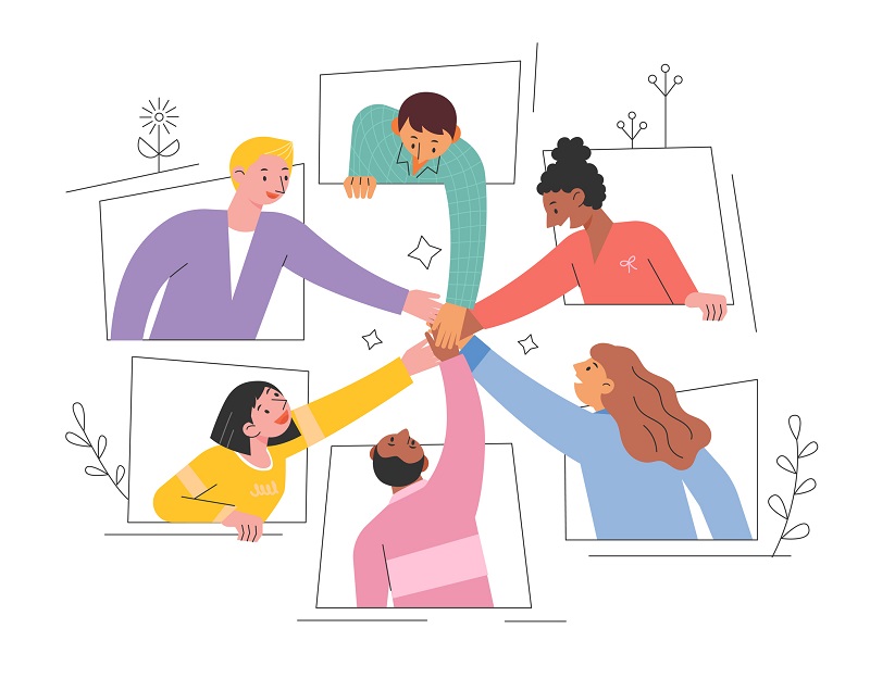 Piirroskuva, jossa kuusi hahmoa pitävät toisiaan kädestä.
